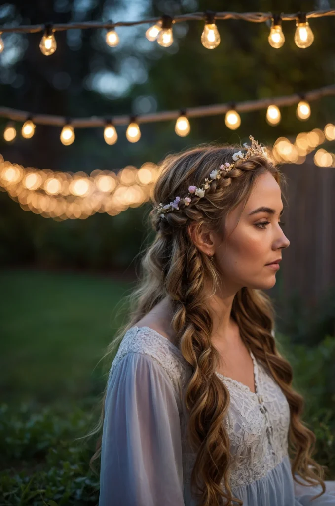 Half-Up Braided Crown with Loose Curls