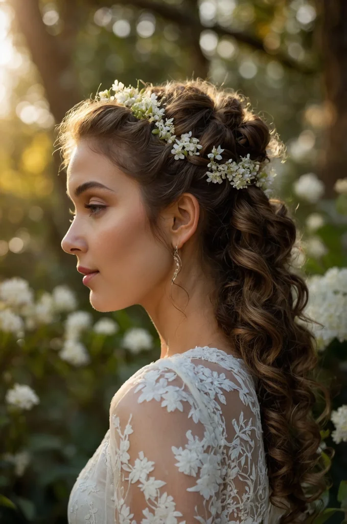 Long Curly Half-Updo with Flowers