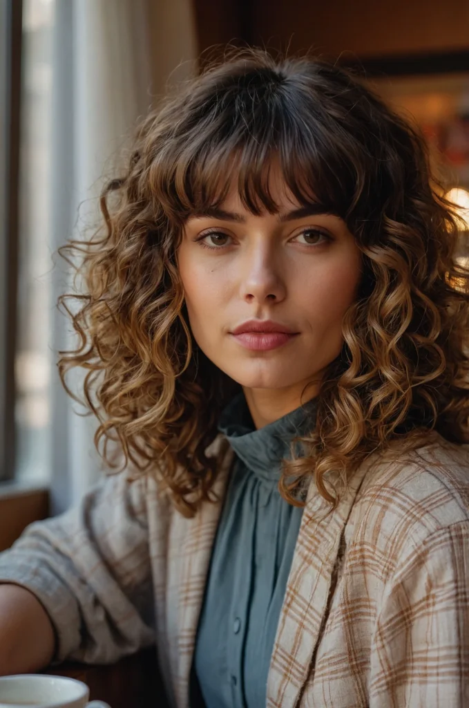 Medium Curly Hair with Curtain Bangs