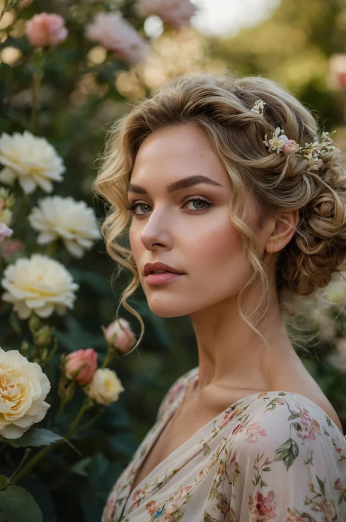 Romantic Curly Updo with Flowers