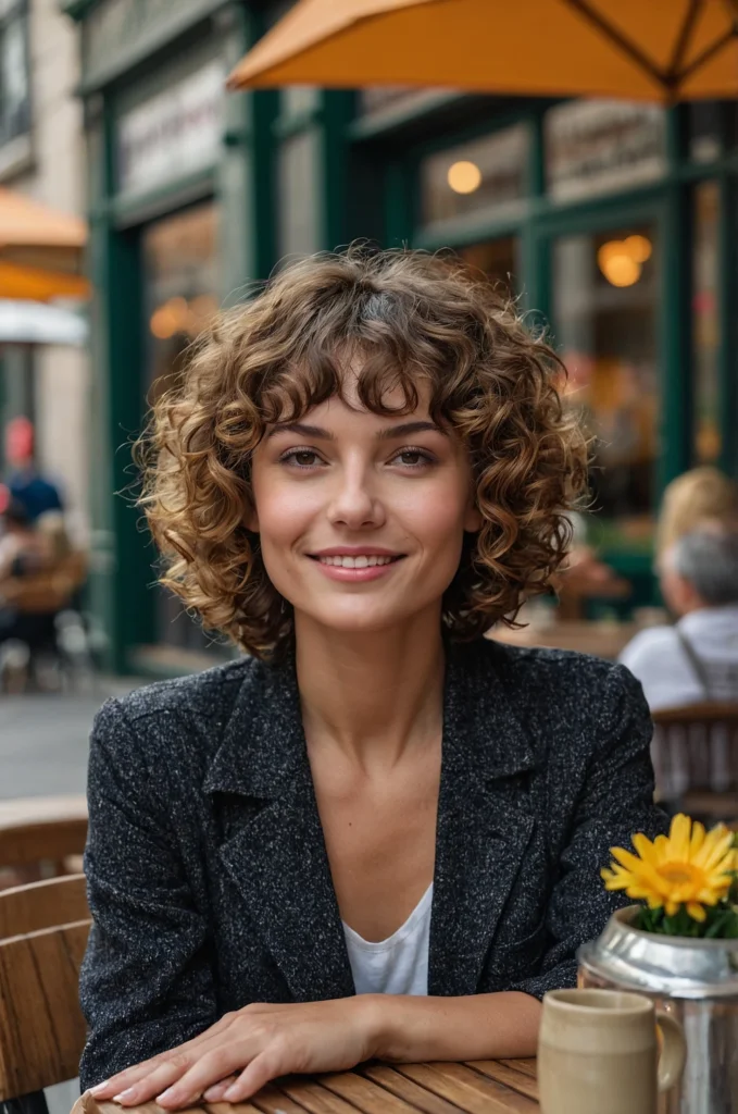 Tight Curly Bangs with Shoulder-Length Hair