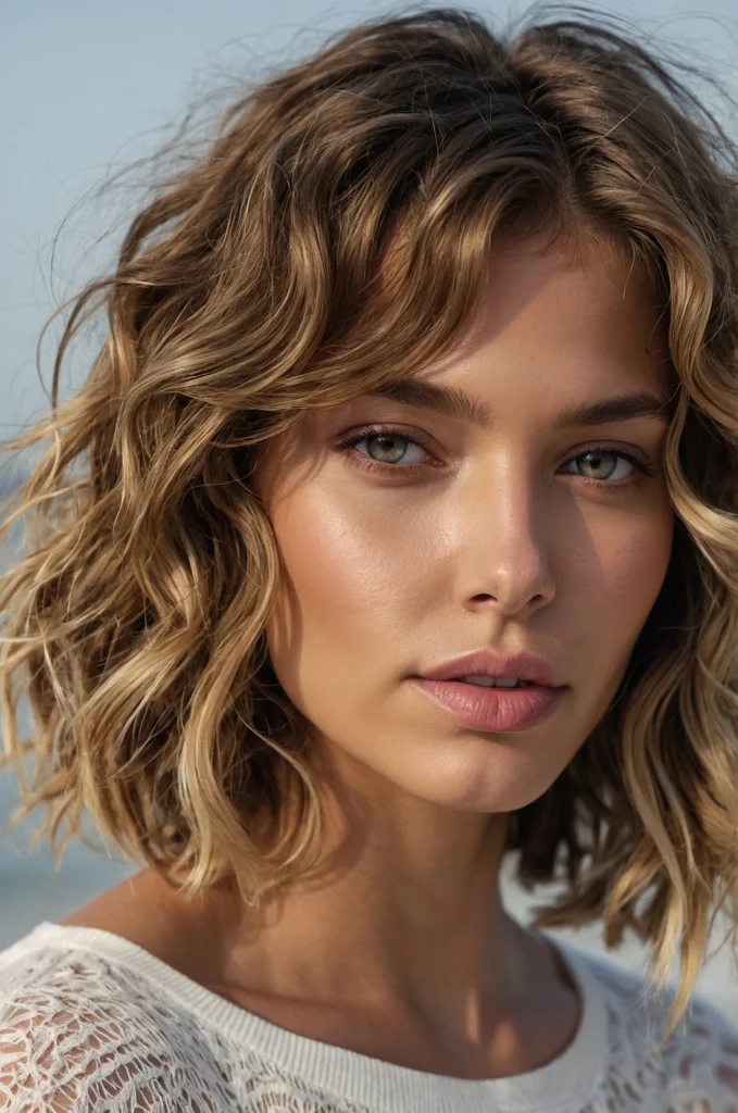 Tousled Wavy Bob with Balayage for Heart-Shaped Faces