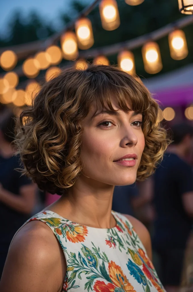 Voluminous Curly Bob with Side-Swept Bangs