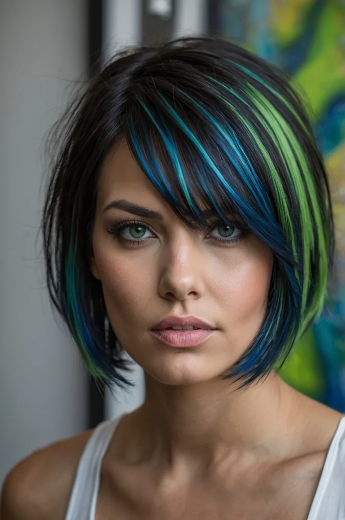 A-Line Bob with Green and Blue Highlights