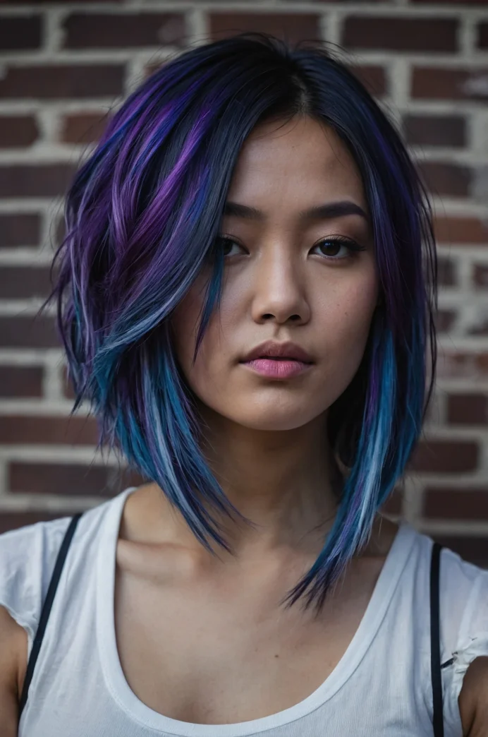 Asymmetrical Lob with Purple and Blue Streaks