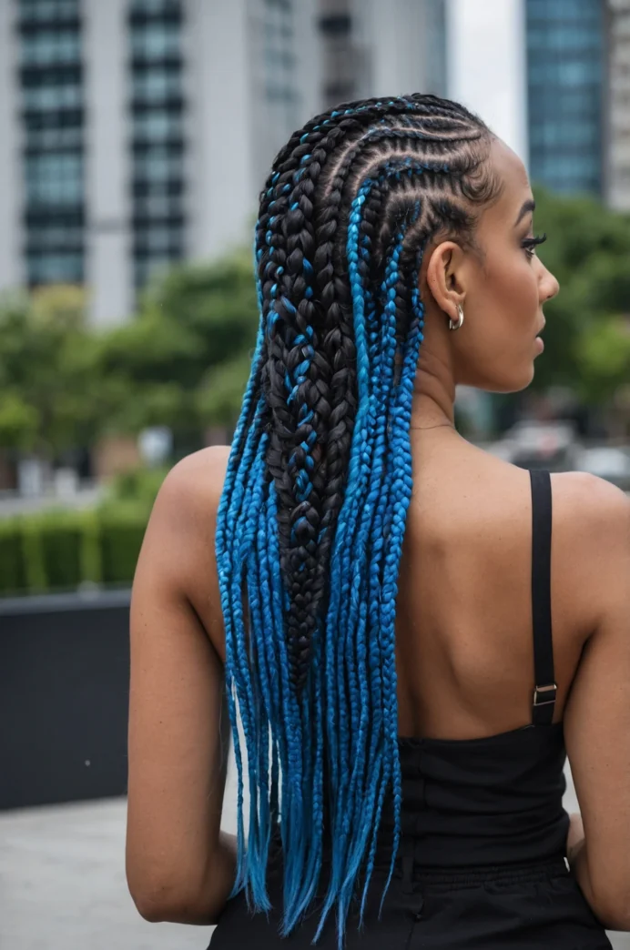 Box Braids with Blue Highlights at the Ends