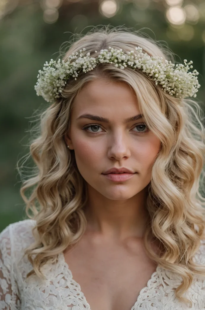 Braided Headband with Loose Curls and Baby's Breath