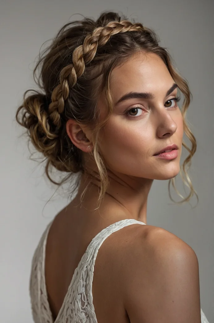 Braided Headband with Loose Curly Bun