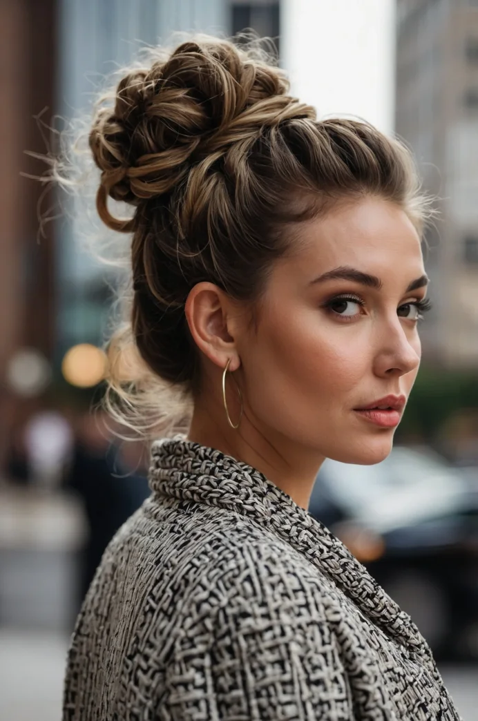 Braided Top Knot with Loose Curls at the Nape