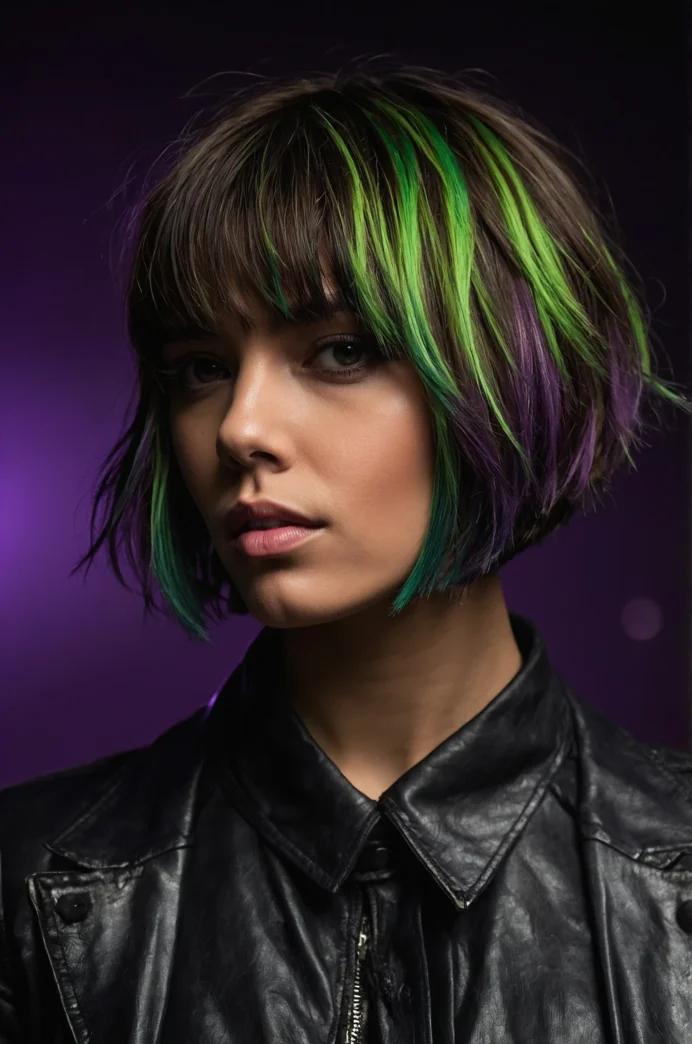 Choppy Bob with Green and Purple Highlights