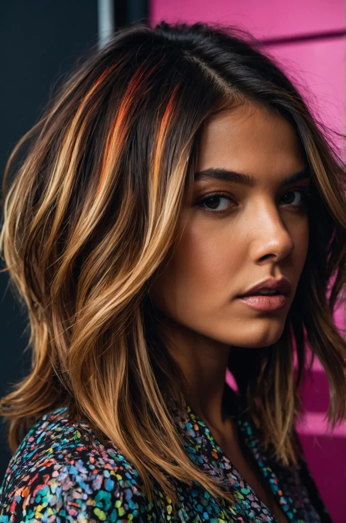 Choppy Lob with Vibrant Balayage Streaks