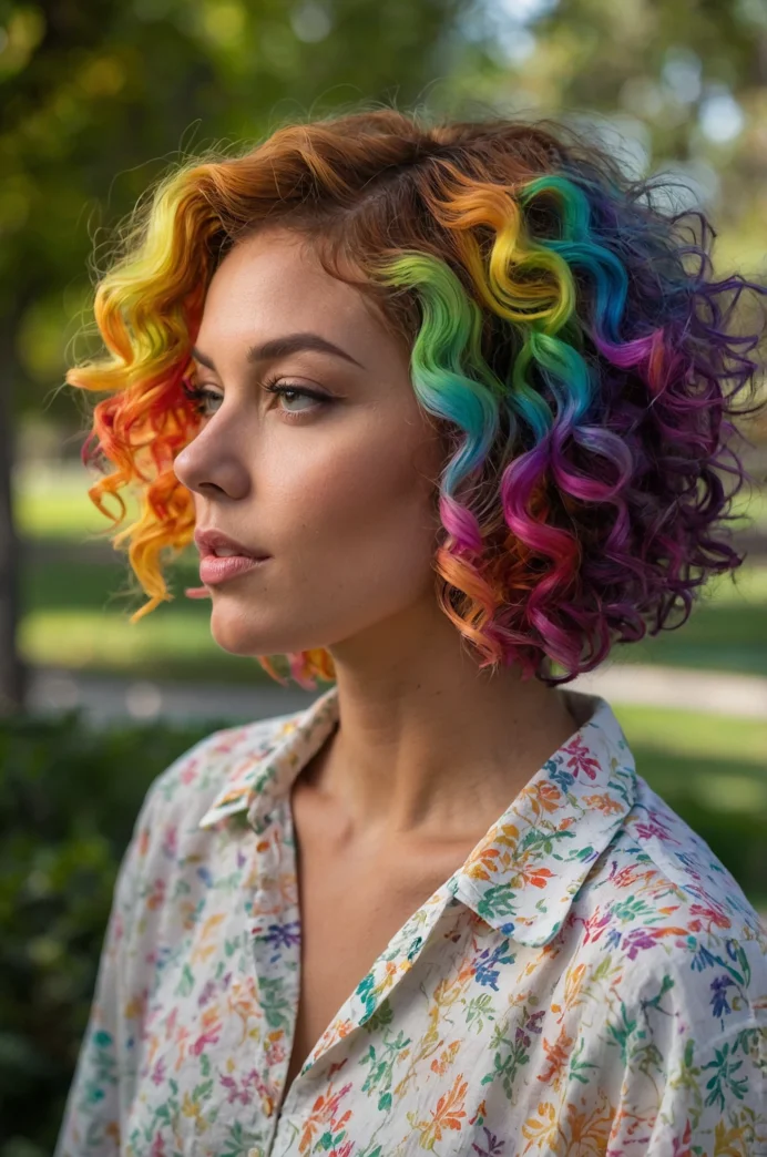 Curly Bob with Rainbow Highlights