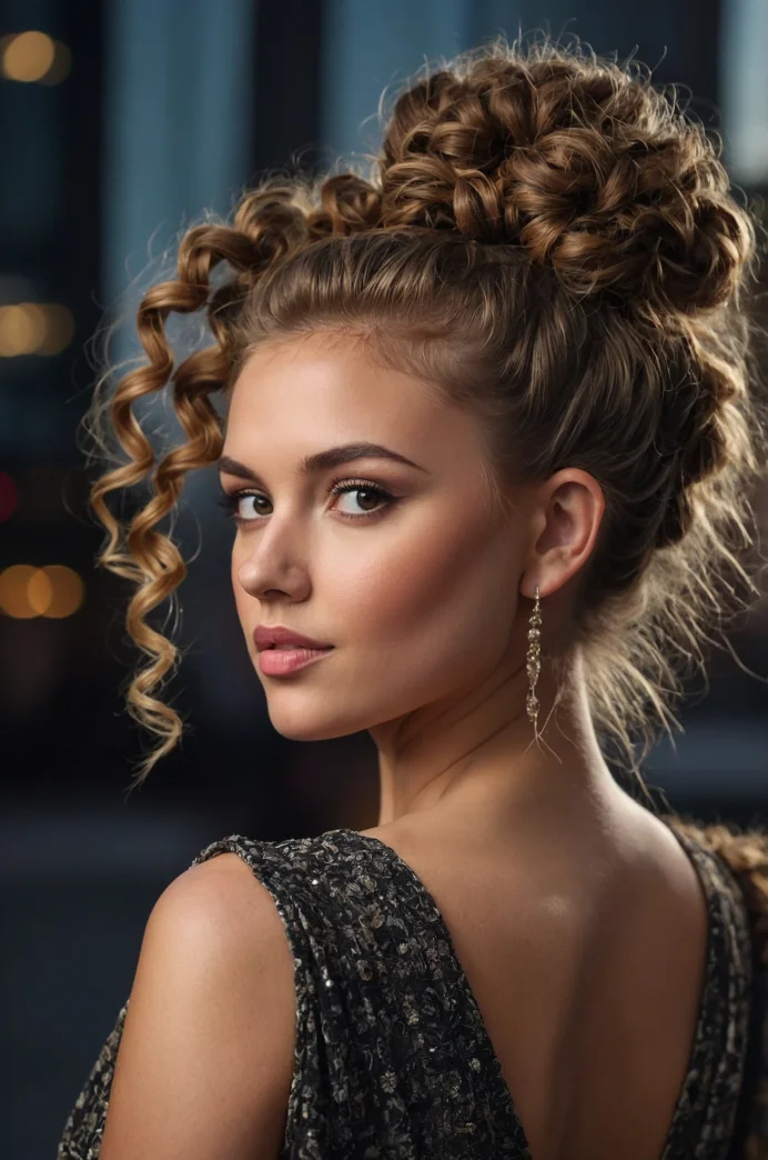 Curly Top Knot with Braided Base