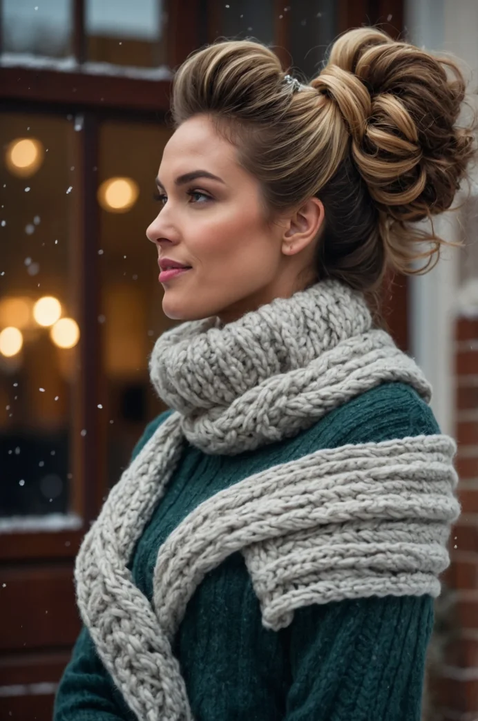 Curly High Bun with Winter Accessories