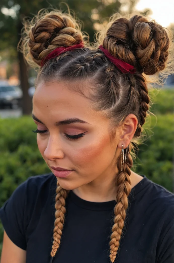 Double Dutch Braids into Space Buns