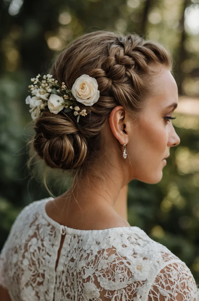 Dutch Braid with Low Bun and Floral Details