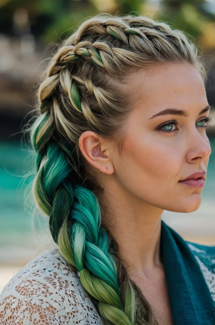 Dutch Braid with Teal and Green Highlights