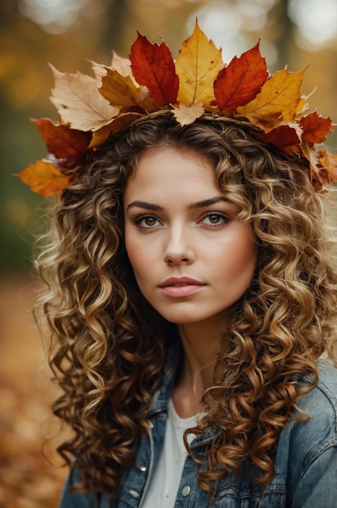 Curly Hair with Fall Leaves Crown