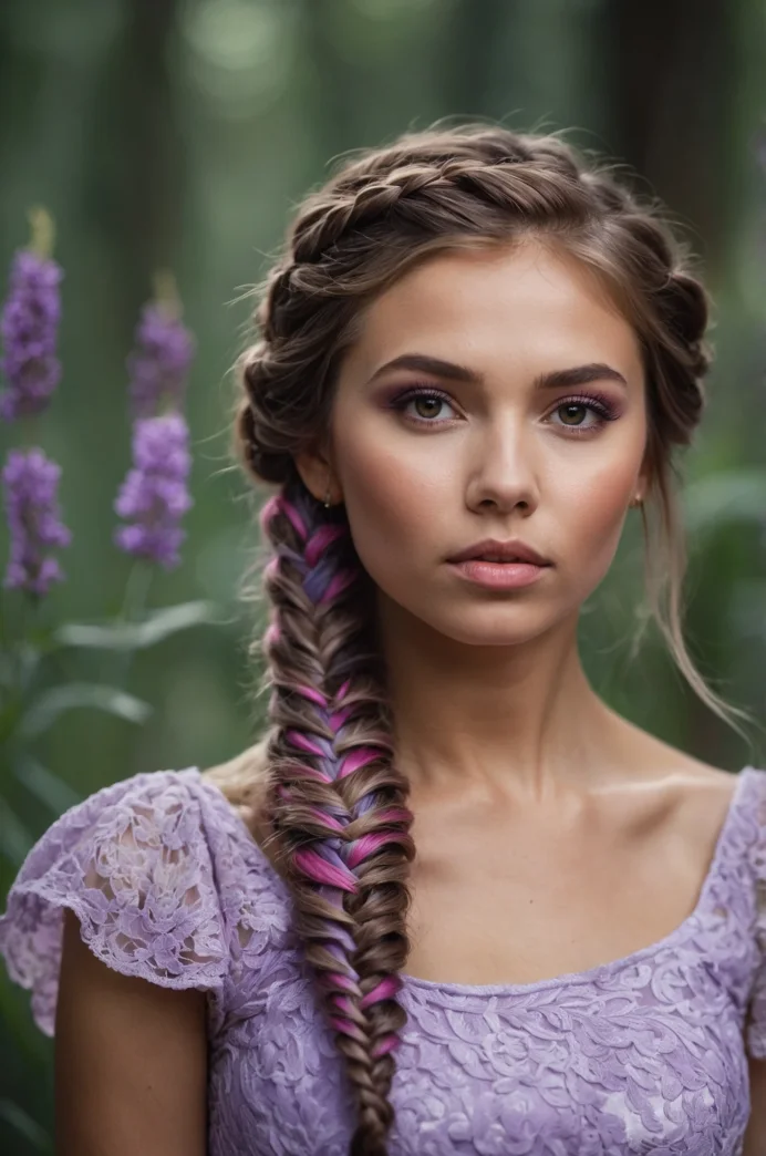 Fishtail Braid with Purple and Pink Highlights