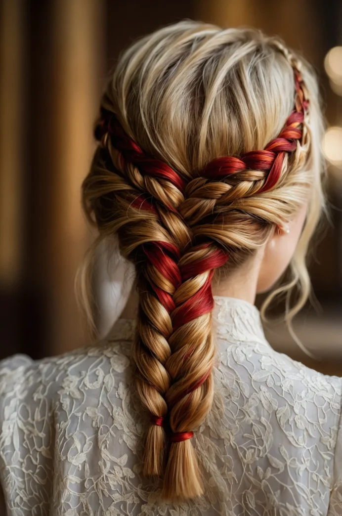 Five-Strand Braid with Red and Gold Highlights