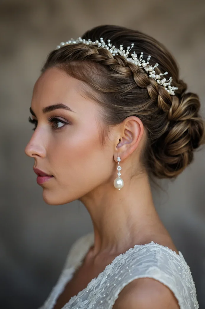 French Braid Updo with Pearl Embellishments