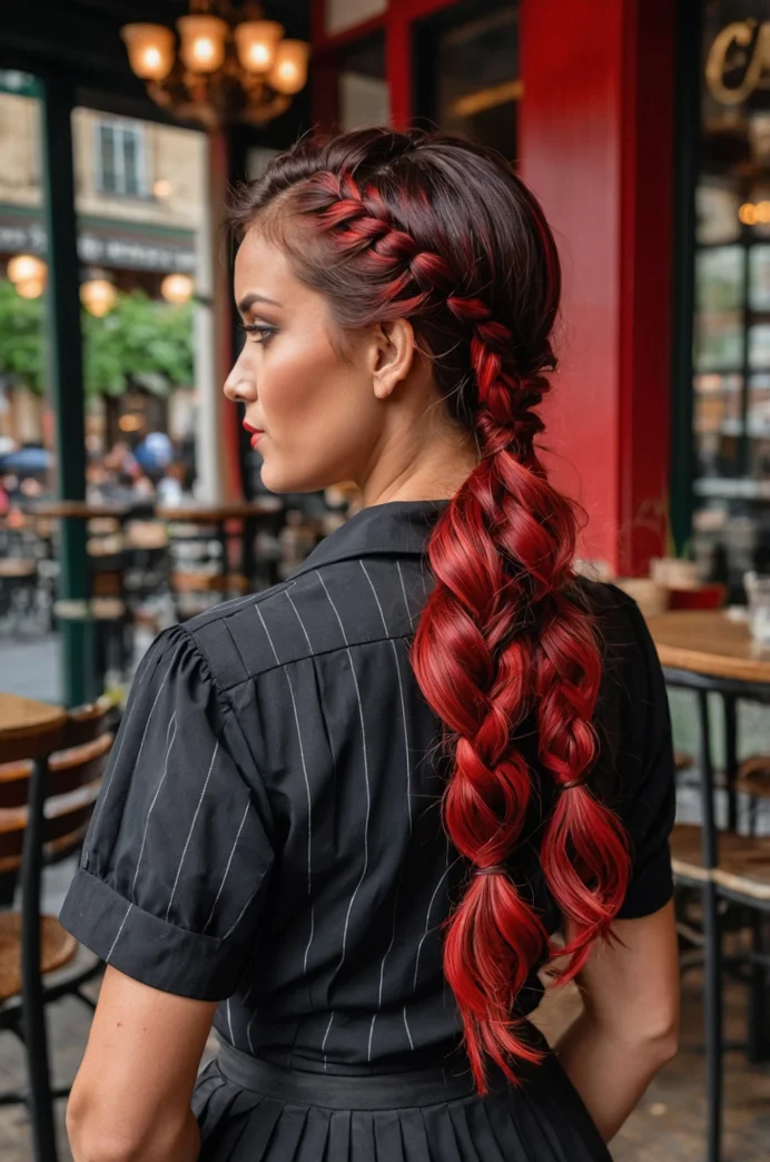 Classic French Braid with Red Highlights