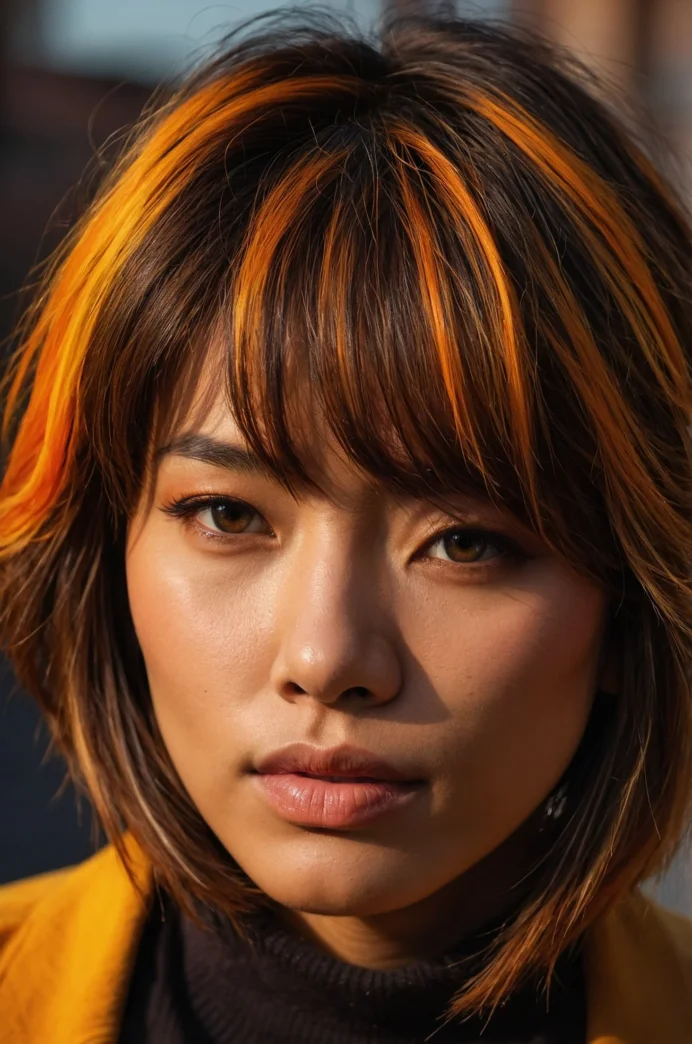 Layered Lob with Orange and Yellow Highlights