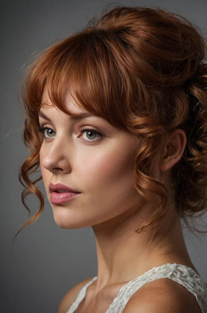 Low Curly Updo with Side-Swept Bangs