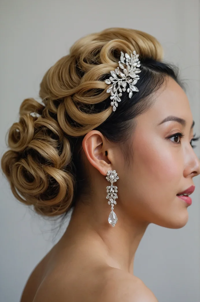 Low Rolled Updo with Jeweled Hairpins