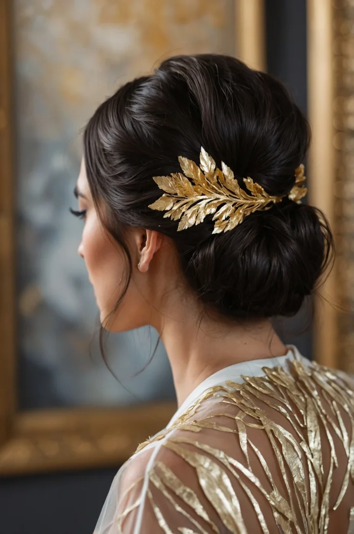 Low Textured Updo with Gold Leaf