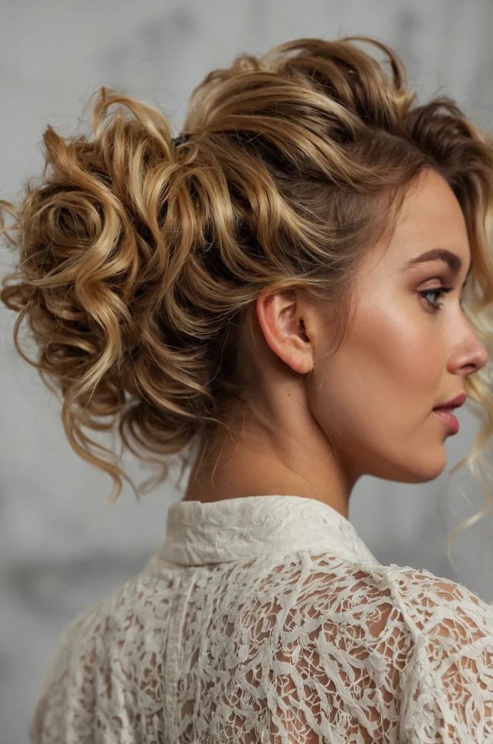 Messy Curly Bun with Loose Strands