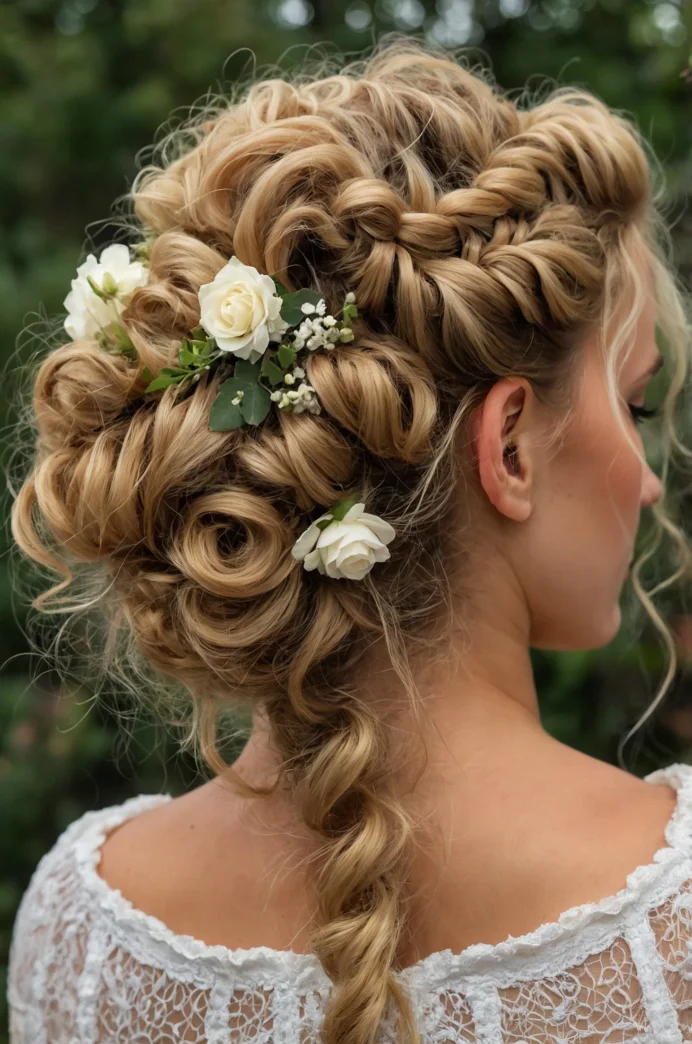 Romantic Curly Updo with Braids and Flowers