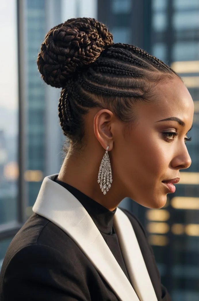 Sleek Cornrows Leading into a Sophisticated Bun