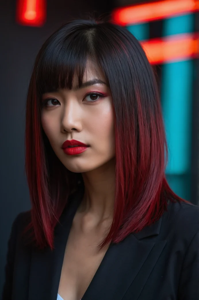 Sleek Lob with Cherry Red Highlights