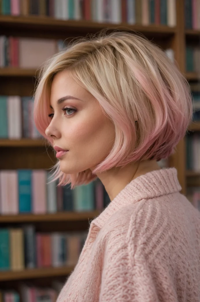 Textured Bob with Pastel Pink Highlights