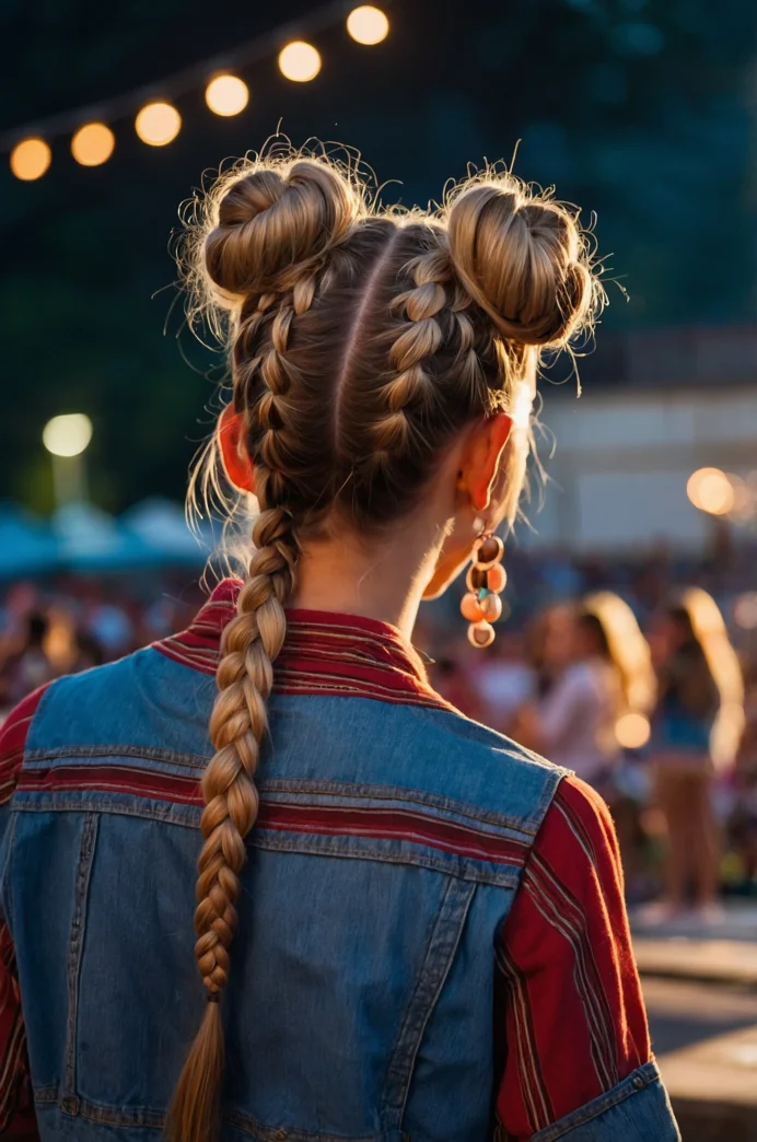 Trendy Space Buns with Braids for a Playful Vibe