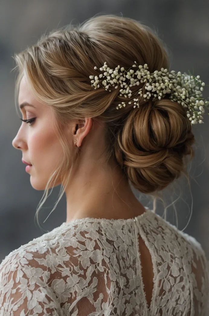 Twisted Low Updo with Floral Accents