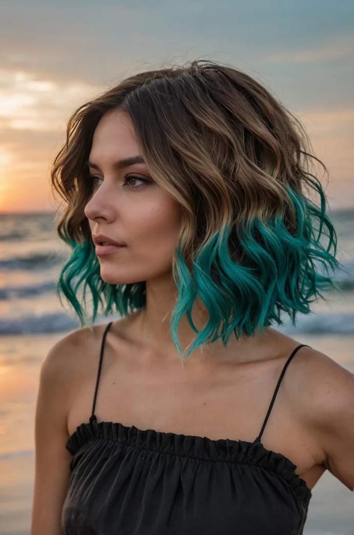 Wavy Bob with Ombre Effect from Brown to Teal