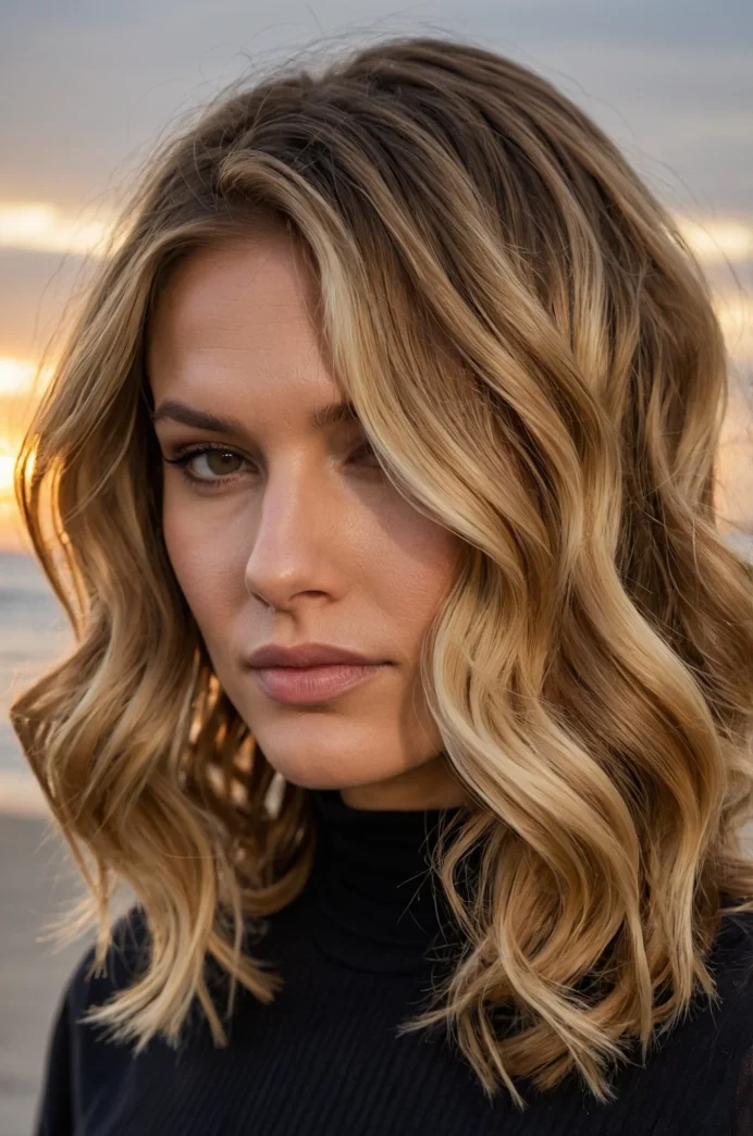 Wavy Lob with Honey Blonde Balayage