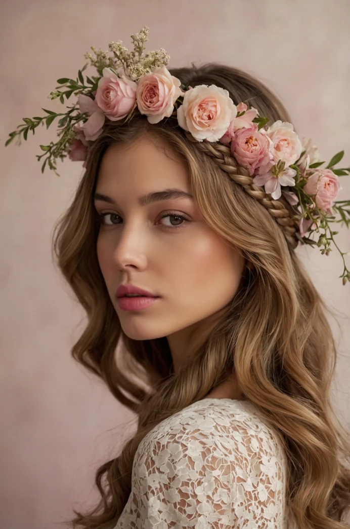 Braided Headband with Loose Curls and Flowers