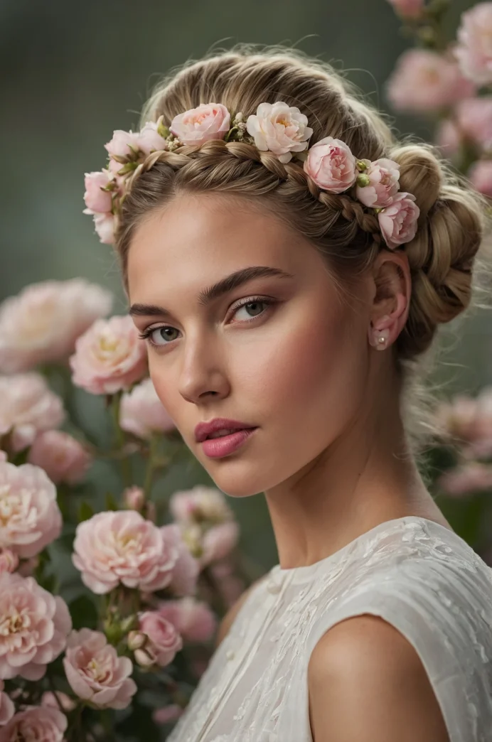 Braided Headband with Low Bun and Flowers