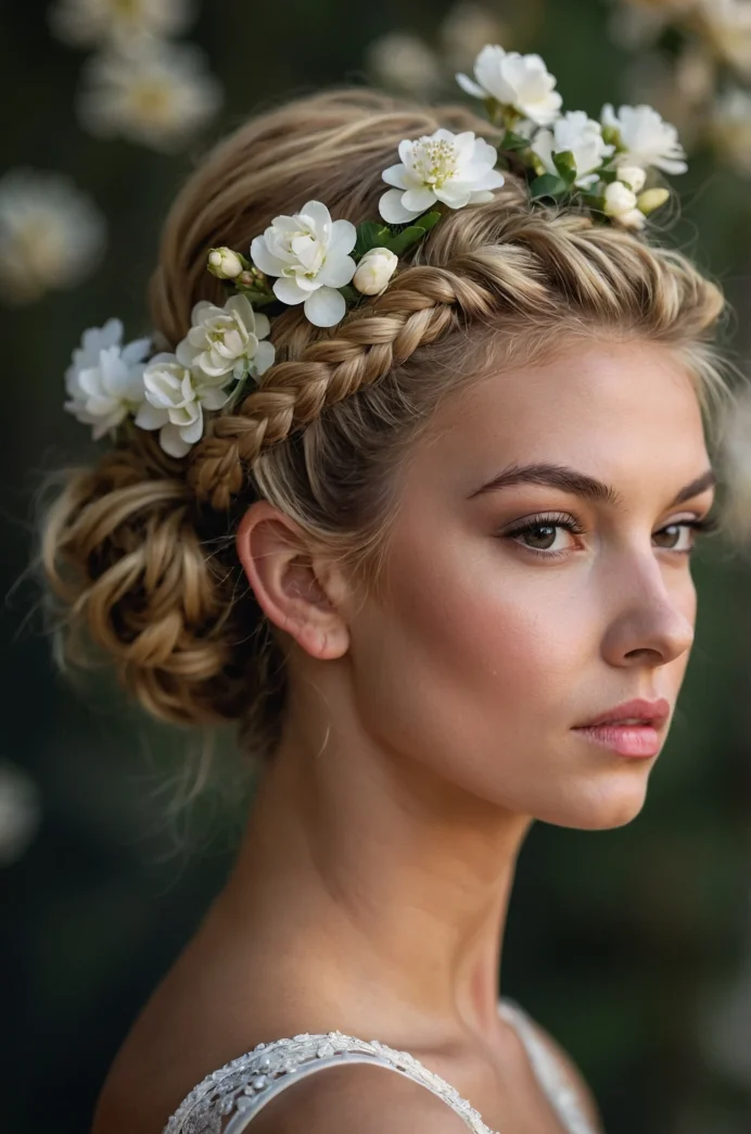 Braided Headband Updo with Scattered Flowers