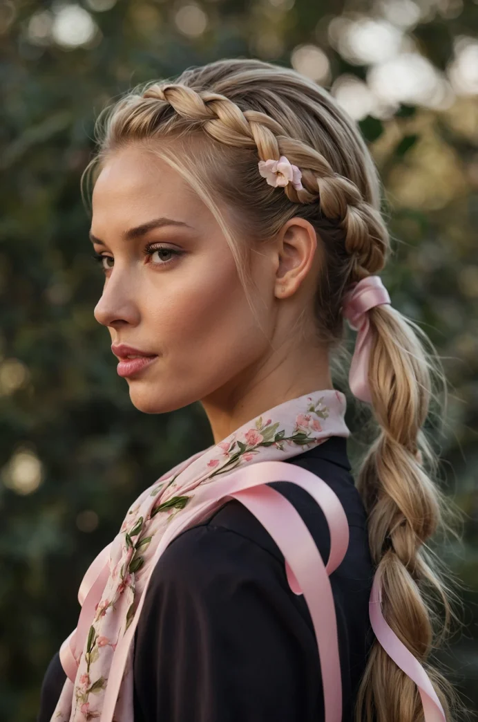 Braided Ponytail with Floral Ribbons