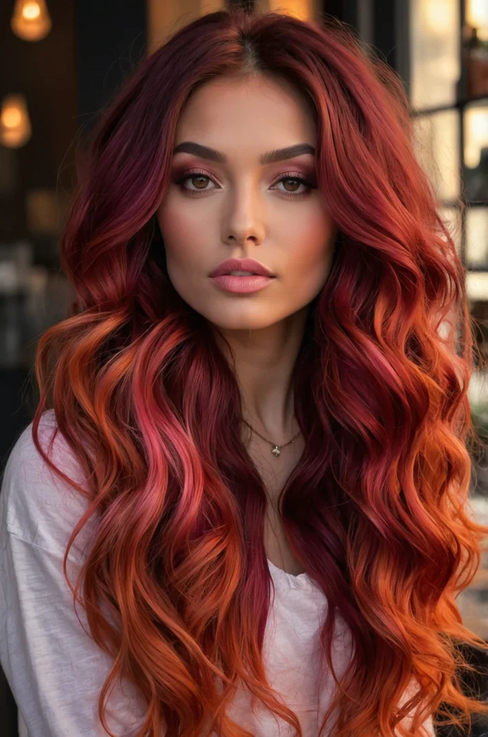 Cherry Red Hair with Pink and Orange Balayage