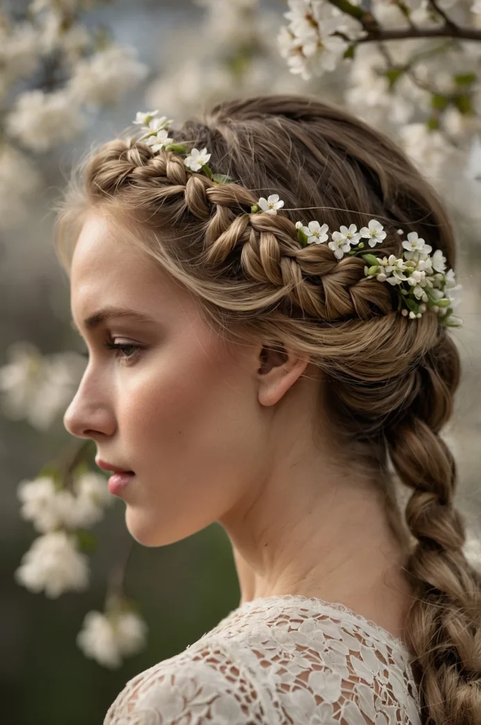 Crown Braid with Scattered Blossoms