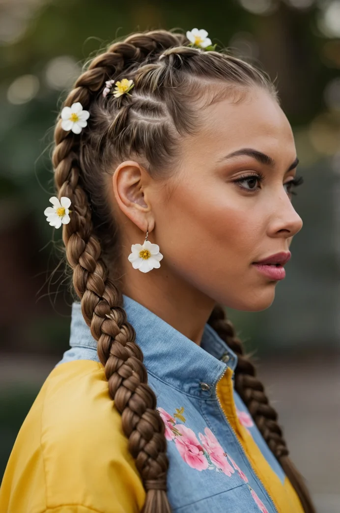 Double Dutch Braids into a Ponytail with Floral Accents