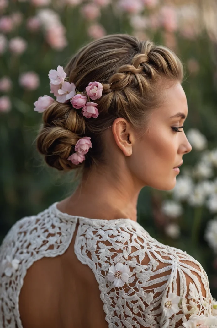 Dutch Braid into a Low Bun with Flowers