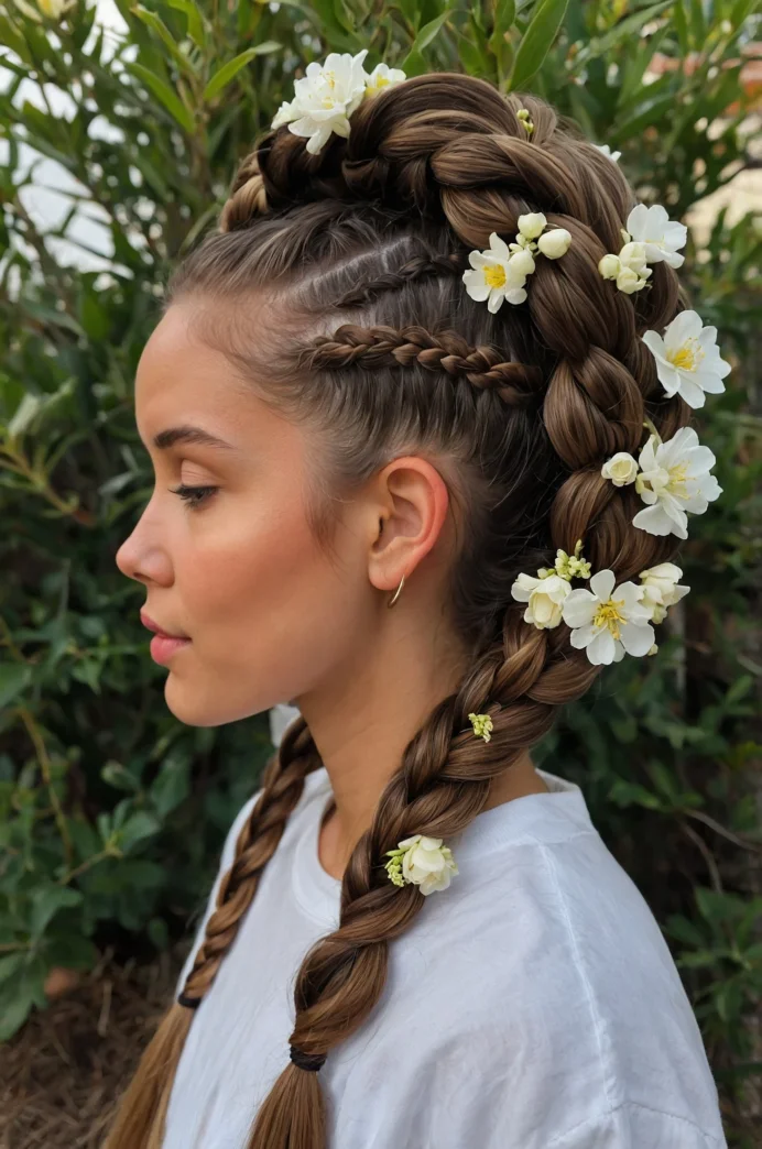 Dutch Braids into Space Buns with Flowers