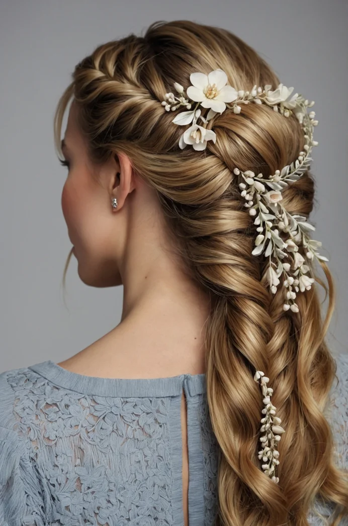 Fishtail Half-Updo with Floral Clips