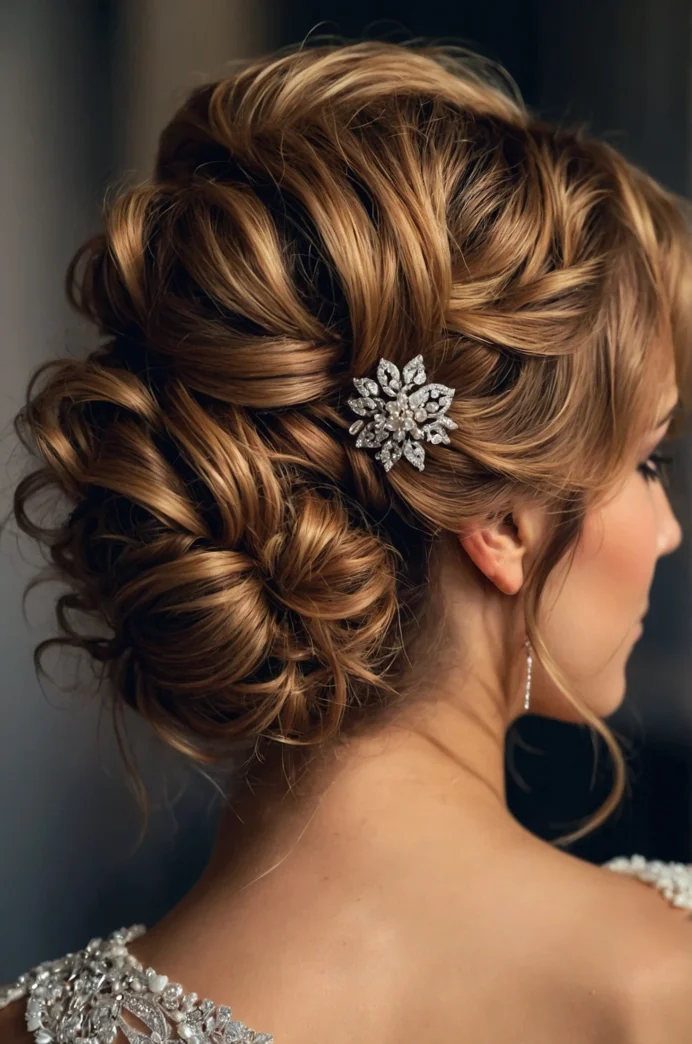 Low Textured Updo with a Romantic Hairpin